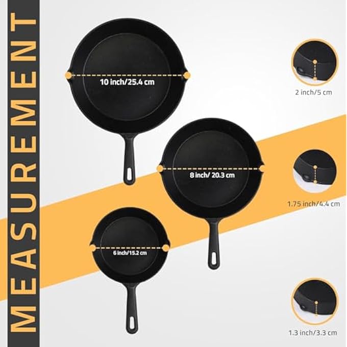 أي كي دي سي طقم مقلاة من الحديد الزهر مكون من 3 قطع، مقاس 15 سم، 20 سم، و25 سم، أسود مُجهز مسبقًا - Image 2