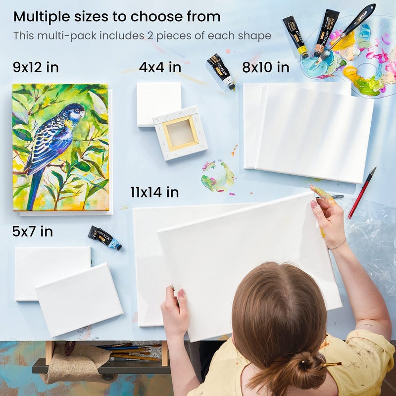 ARTEZA Stretched Canvas Multipack of 10 â€“ 4x4, 5x7, 8x10, 9x12, 11x14 Inch Blank White Canvases for Acrylic, Oil, Gouache â€“ Cotton, Pre-Primed - Image 3