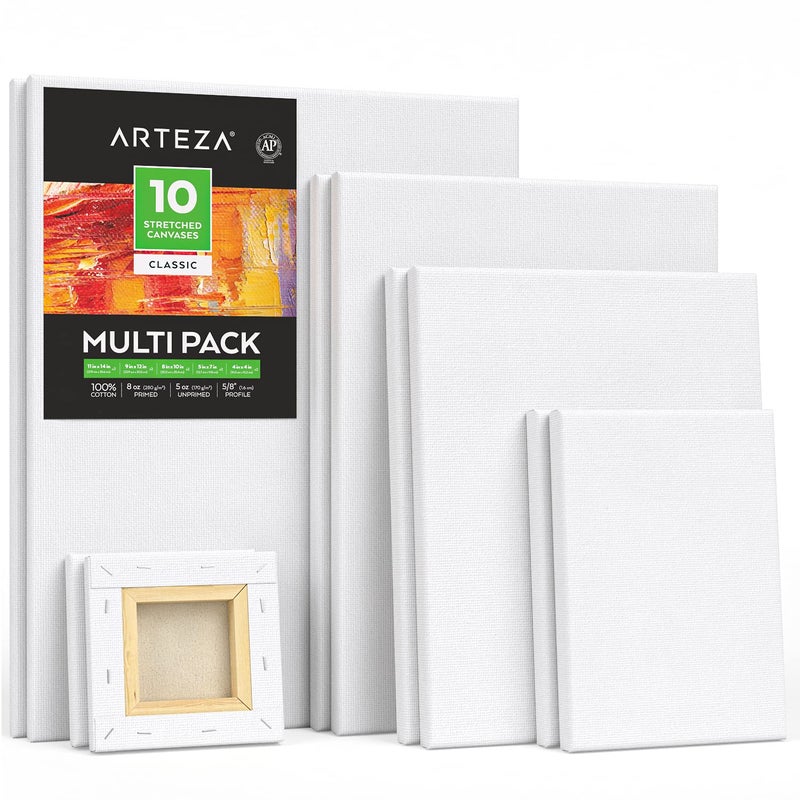 ARTEZA Stretched Canvas Multipack of 10 â€“ 4x4, 5x7, 8x10, 9x12, 11x14 Inch Blank White Canvases for Acrylic, Oil, Gouache â€“ Cotton, Pre-Primed - Image 1