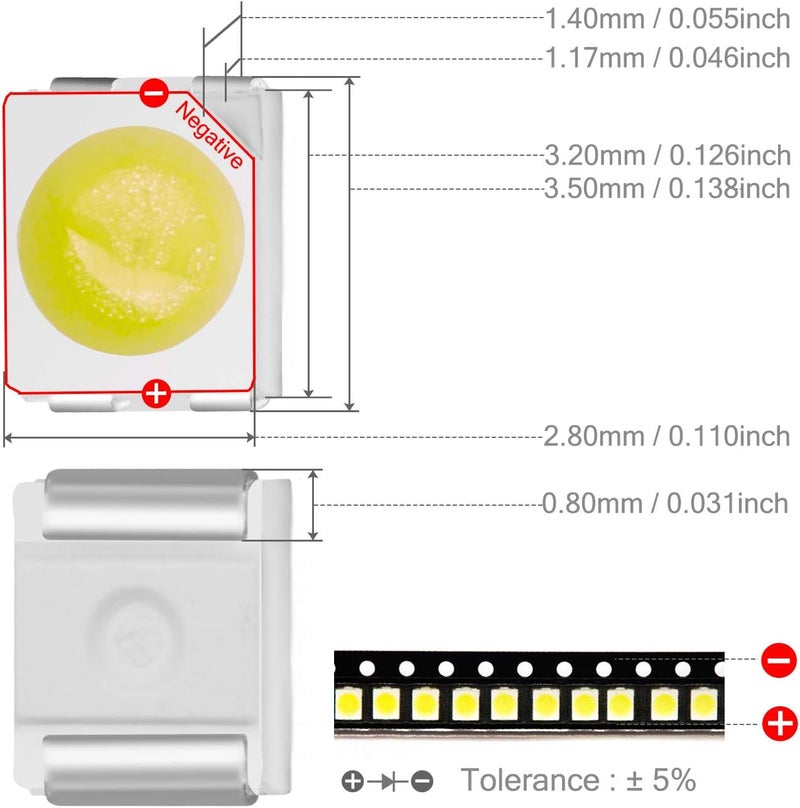 CHANZON 100 pcs 3528 (1210) White SMD LED Diode Lights Chips (Surface Mount PLCC 3.5mmx2.8mm DC 3V 20mA 7-8LM) High Intensity Bright Lighting Bulb Lamps Electronics Components Light Emitting Diodes - Image 3