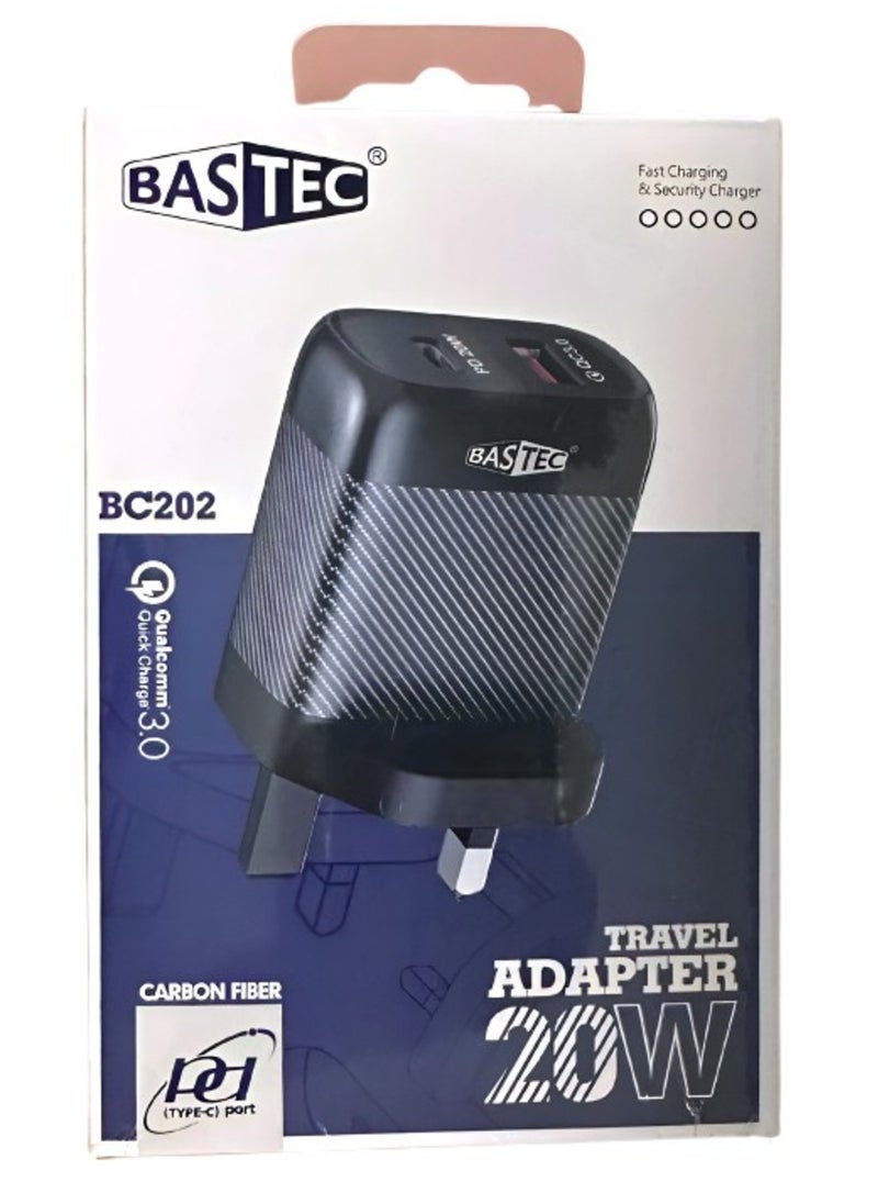 Bastec - Fast Wall Charger with Dual Ports (PD + USB) for Quick Charging, 20W Power, Model BC202, BASTEC Brand - Image 1