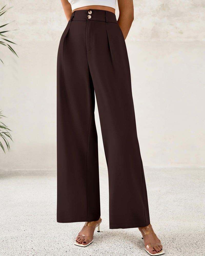 BTFBM Women Wide Leg Dress Pants 2026 High Waisted Button Pleated Business Casual Trousers Office Work Palazzo Pants(Dark Brown, Medium) - Image 2