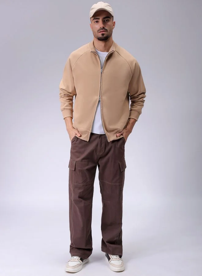 شركة المرآب الهندية Men Relaxed Fit Solid High neck Front Open High Neck Sweatshirt