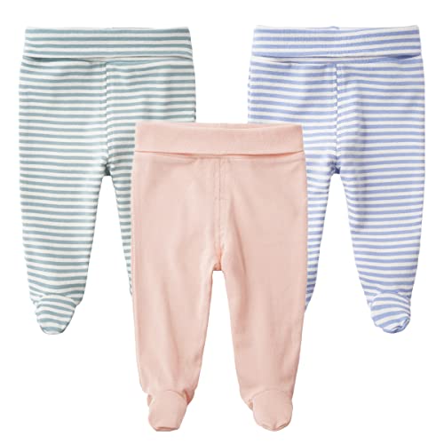 Teach Leanbh Infant Baby 3 Pack Footed Pants Cotton High Waist Casual Leggings (6 Months, A) - Image 1