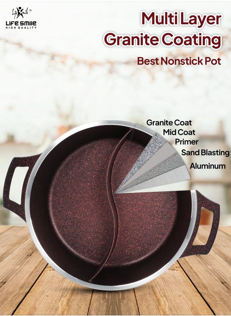 Life Smile 28cm  Shabu Shabu Pot with Lid Non Stick Granite Coating Shabu Shabu Hot Pot with Divider - 28 CM  - Image 4