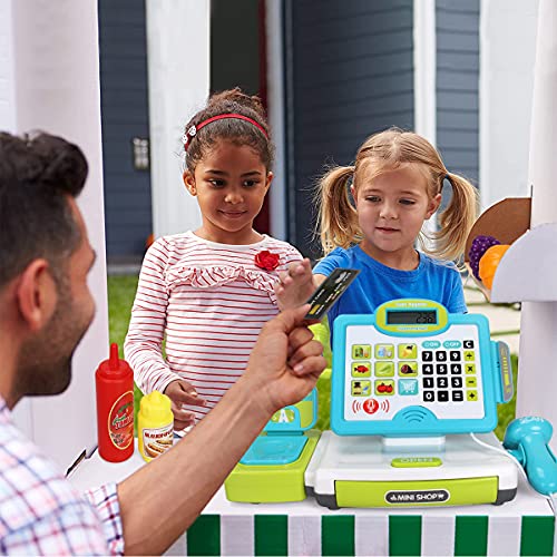  FS FS Pretend Play Cash Register Toys with Scanner, Calculator, Large Drawer, Microphone, Play Food, Supermarket Cashier Register Toy, Pre-School Gift for Kids, Toddlers, Boys & Girls, Ages 3 4 5 6 7 8 - Image 4