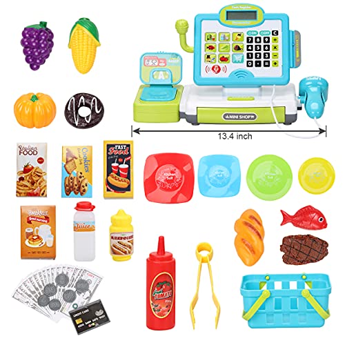  FS FS Pretend Play Cash Register Toys with Scanner, Calculator, Large Drawer, Microphone, Play Food, Supermarket Cashier Register Toy, Pre-School Gift for Kids, Toddlers, Boys & Girls, Ages 3 4 5 6 7 8 - Image 5