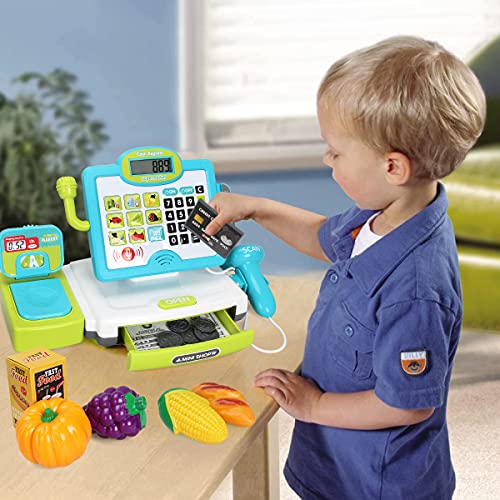  FS FS Pretend Play Cash Register Toys with Scanner, Calculator, Large Drawer, Microphone, Play Food, Supermarket Cashier Register Toy, Pre-School Gift for Kids, Toddlers, Boys & Girls, Ages 3 4 5 6 7 8 - Image 2