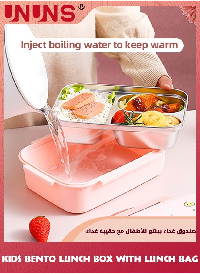 UNUNS Lunch Box For Kids Adult,Bento Luch Box With Cutlery Set, Stainless Steel Interior And Insulation,Easy Meal Prep For Kids School With Matching Lunch Bag,Microwaveable,Leakproof,Portable,Pink  - Image 3