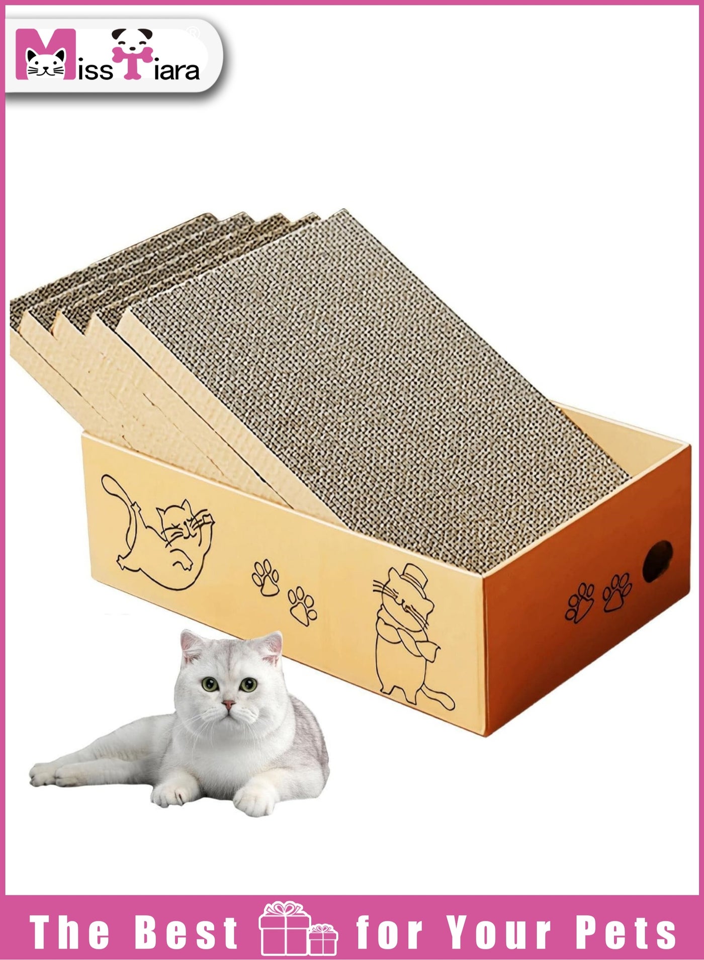MissTiara Cardboard Cat Scratcher with Box, 5 PCS Reversible Cat Scratch Pad Replace for Cat Scratcher, Corrugated Scratching Lounge for Indoor Kitty to Rest Play Suitable for Up To 5kg (40*23*13 CM)