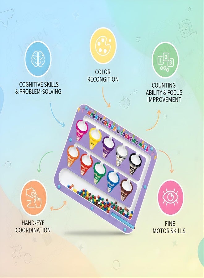 JOUET Magnetic Colour & Counting Maze Board with Ice Cream Design for Kids 3+ Years, Montessori Number Learning & Color Sorting Toy with Beads and Magnetic Pen, Fine Motor Skills Educational Gift - Image 3