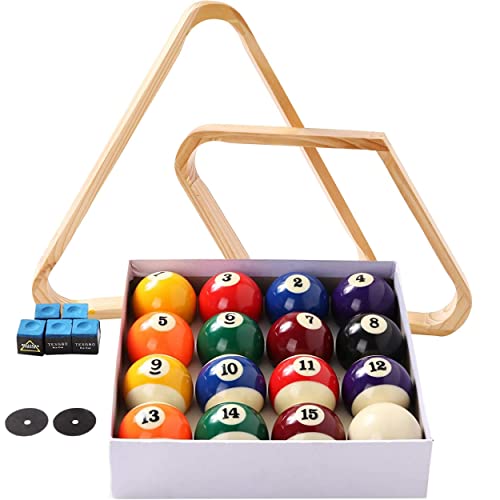 BETTERLINE Billiard Balls Set, Pool Table Triangle Ball Rack and 9-Ball Diamond Rack (Wood), 5 Cue Chalks and 2 Table Spot Stickers - Pool Table Accessories - Image 1
