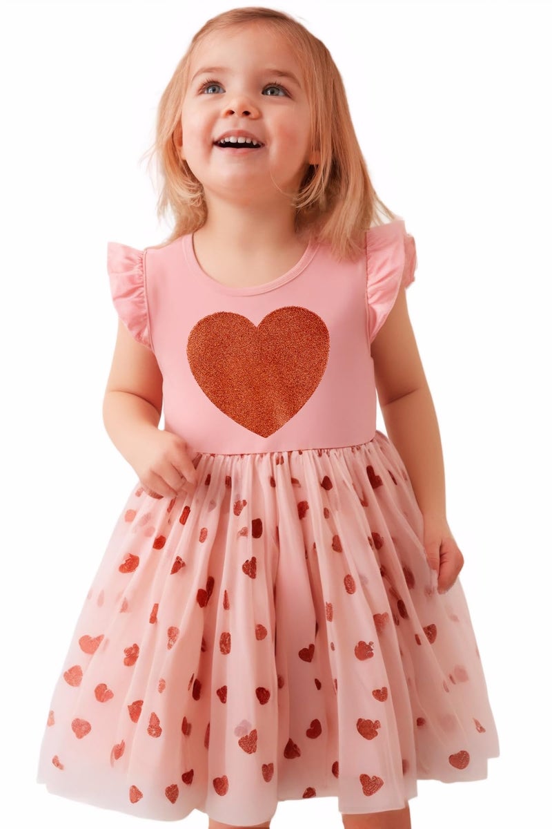 Akyzic Girls Valentines Dress Glittering Heart Print Tutu Valentines Day Birthday Princess Dress Mesh Tulle Valentines Outfit 7T/1837 - Image 3
