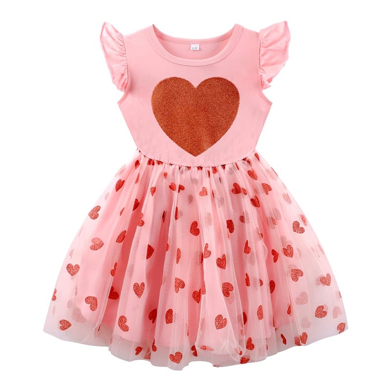 Akyzic Girls Valentines Dress Glittering Heart Print Tutu Valentines Day Birthday Princess Dress Mesh Tulle Valentines Outfit 7T/1837 - Image 2