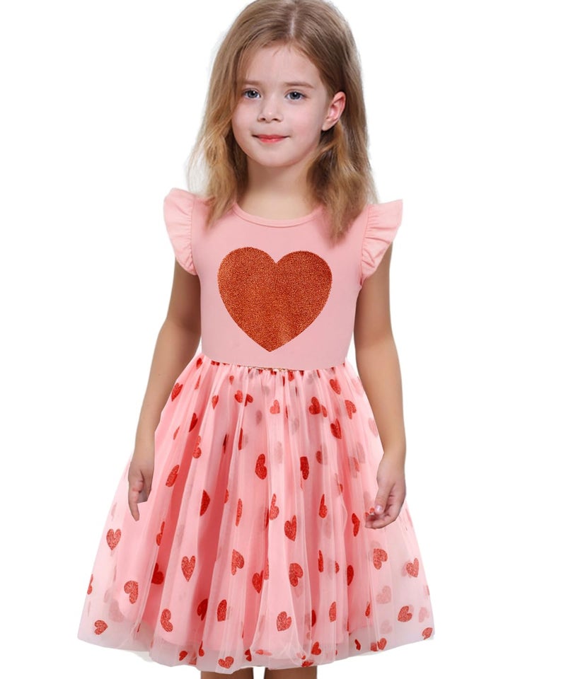 Akyzic Girls Valentines Dress Glittering Heart Print Tutu Valentines Day Birthday Princess Dress Mesh Tulle Valentines Outfit 7T/1837 - Image 1