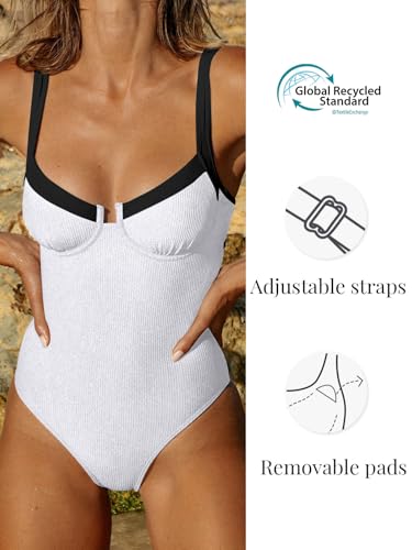 BERLOOK One Piece Swimsuit Women Tummy Control Ribbed Retro Bathing Suits Contrast Trim Knotted Sety Slimming Swimwear White, M - Image 5