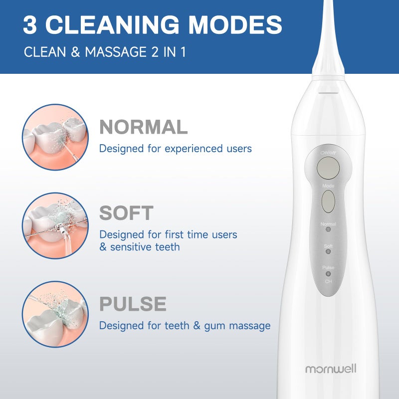 Mornwell Water Flosser Cordless, Mornwell Water Flossers for Teeth - 300ML Tank and 4 Jet Tips, 3 Modes Portable Dental Oral Irrigator, Braces Care, Rechargeable Waterproof Portable Water Flosser, White - Image 4
