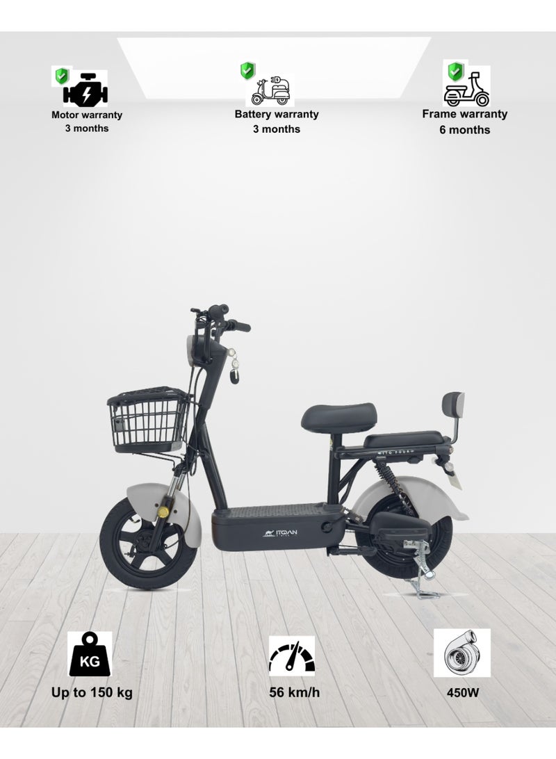 كاميل دراجة كهربائية ITQ-4 برو للبالغين، بقوة 450 واط، إطار 14 بوصة، مدى 65 كم، مزودة بمرايا جانبية وسلة، لون رمادي - Image 1