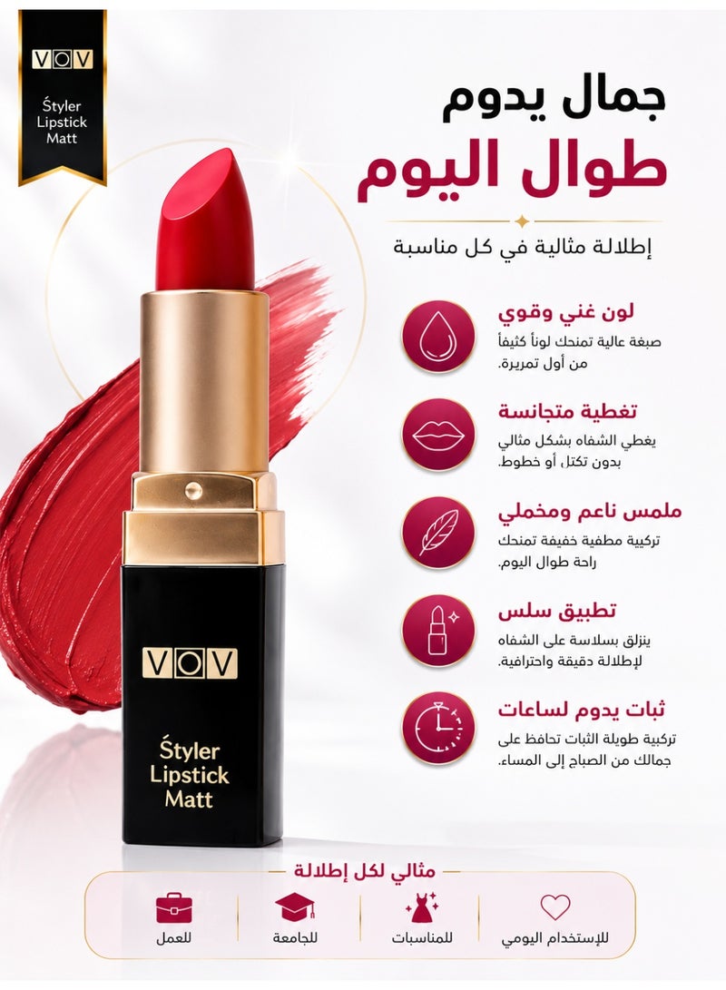فوف أحمر شفاه مطفي VOV Styler Lipstick Matt – 7 ألوان ثابتة وعالية التغطية – ملمس ناعم مخملي – لون غني يدوم لساعات – مناسب للاستخدام اليومي والمناسبات – سهل الحمل - Image 5