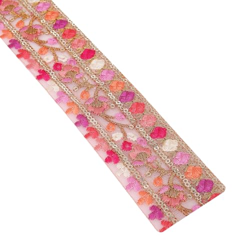 DaSync pink lace and border materials Embroidery Floral flower Embroidered Lace Border for Sarees Blouse Multi Dupatta Women Tailoring Dresses Suits Lehenga Gowns Chunni Choli Decoration Crafts 9 Meter - Image 2