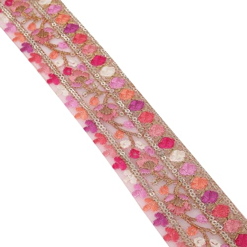 DaSync pink lace and border materials Embroidery Floral flower Embroidered Lace Border for Sarees Blouse Multi Dupatta Women Tailoring Dresses Suits Lehenga Gowns Chunni Choli Decoration Crafts 9 Meter - Image 1