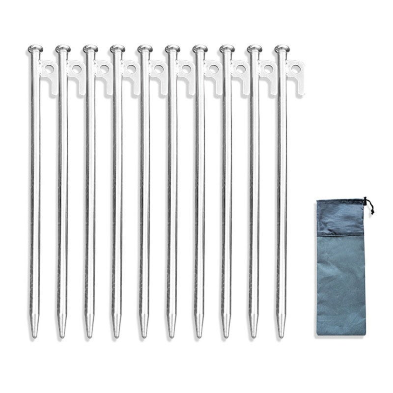 Aotu Tent Stakes: 10-Pack Silver Premium Carbon Steel - Anti-Dropping Design Tent Pegs With Quick-Suspend Holes for Outdoor Camping, Hiking And Tent Setup - Image 1