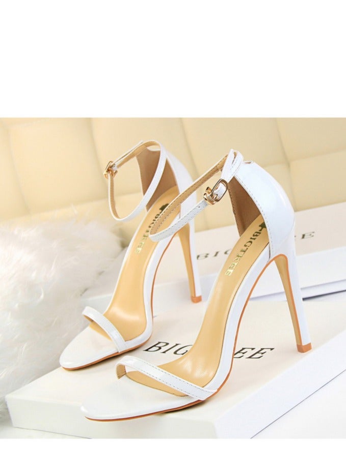 BIGTREE 11cm Stylish High Heels Patent Leather Open-Toe Sandals For Summer White - Image 1