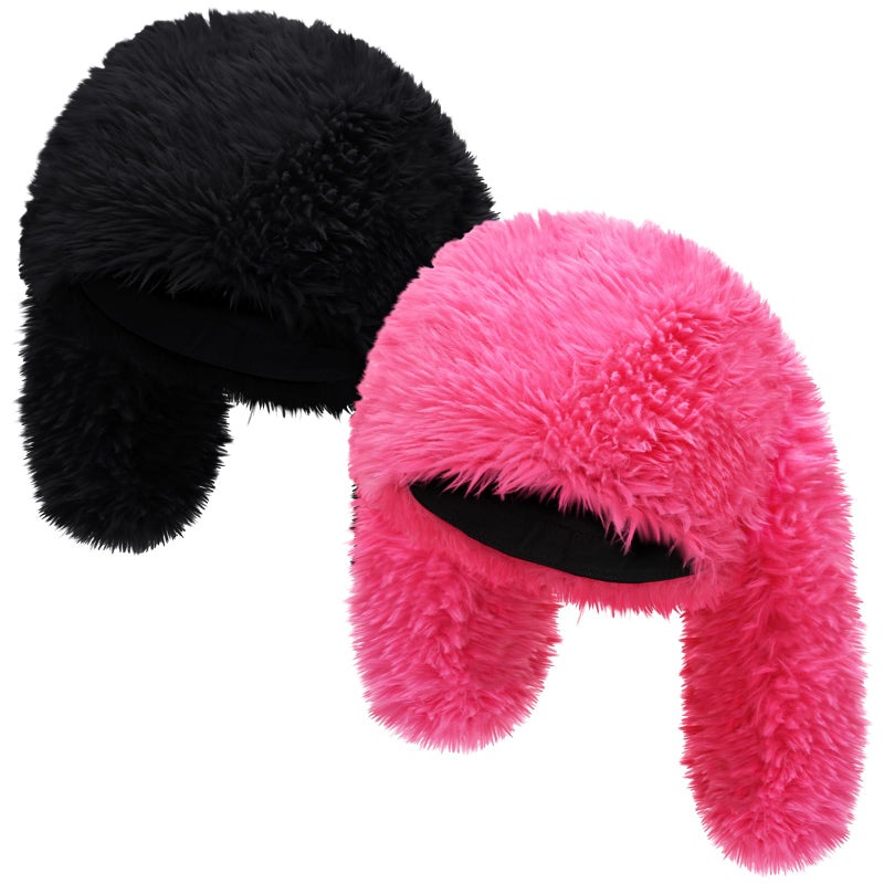 Halfchet 2 Pcs Y2k Fuzzy Bunny Hat Plush Furry Beanie Cute Long Bunny Ears Hat Pink and Black Slouchy Fluffy Warm Winter Rabbit Cap for Women Indoor Outdoor Cold Weather Winter Halloween Christmas - Image 1