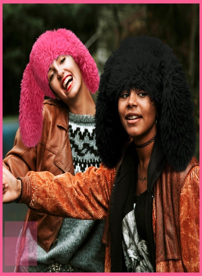 Halfchet 2 Pcs Y2k Fuzzy Bunny Hat Plush Furry Beanie Cute Long Bunny Ears Hat Pink and Black Slouchy Fluffy Warm Winter Rabbit Cap for Women Indoor Outdoor Cold Weather Winter Halloween Christmas - Image 5