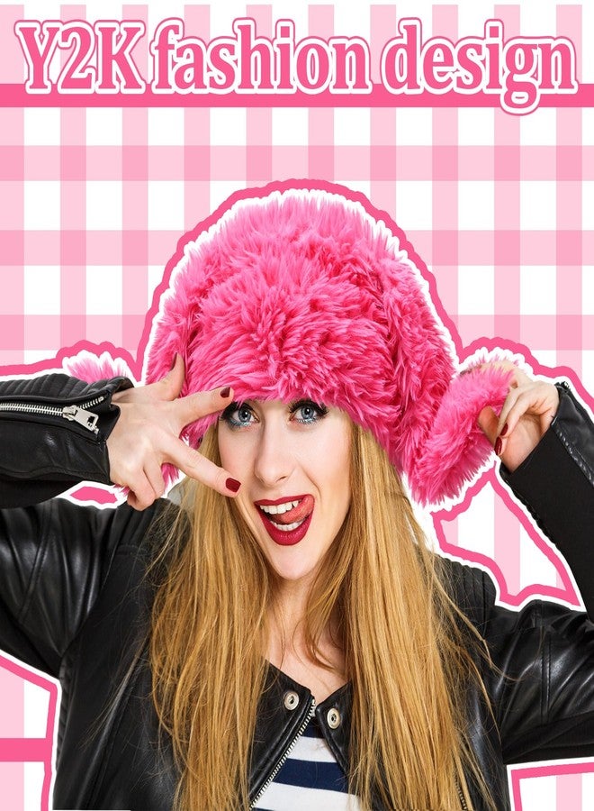 Halfchet 2 Pcs Y2k Fuzzy Bunny Hat Plush Furry Beanie Cute Long Bunny Ears Hat Pink and Black Slouchy Fluffy Warm Winter Rabbit Cap for Women Indoor Outdoor Cold Weather Winter Halloween Christmas - Image 3