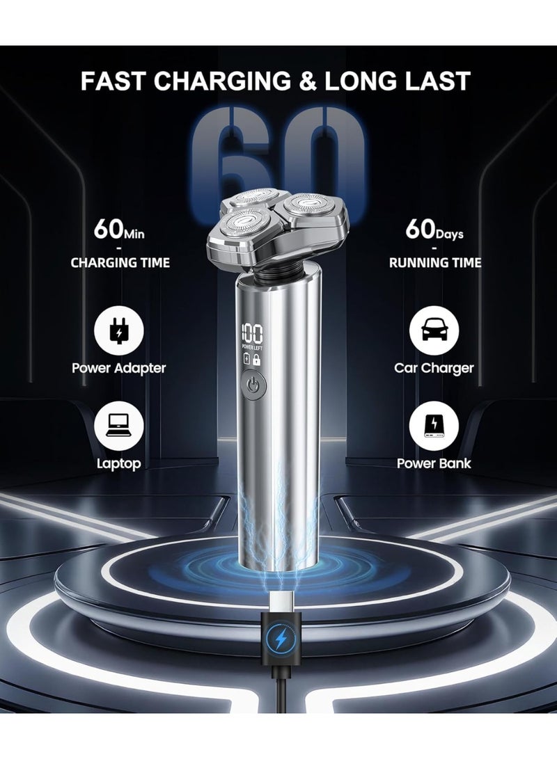 Electric Razor for Men，10,000RPM High-Speed Motor, IPX8 Waterproof, USB Fast Charging, 5-Min Quick Charge & Travel Lock,Metallic Silver - Image 2
