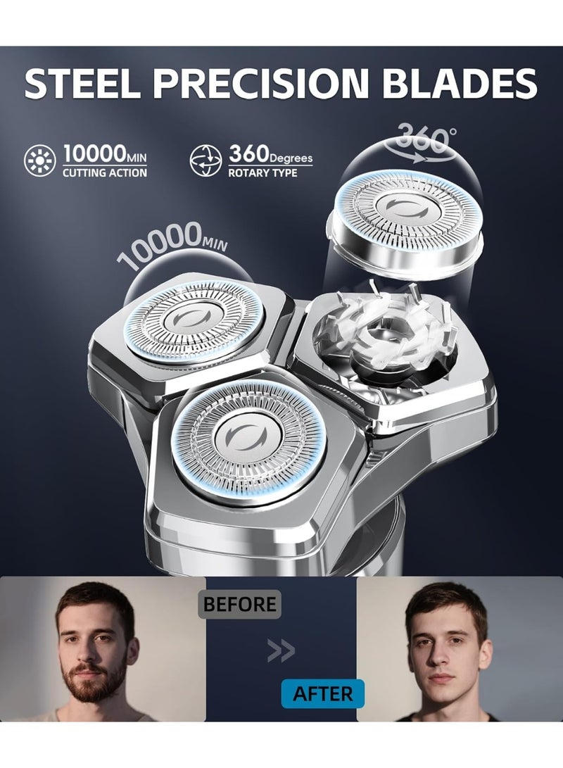 Electric Razor for Men，10,000RPM High-Speed Motor, IPX8 Waterproof, USB Fast Charging, 5-Min Quick Charge & Travel Lock,Metallic Silver - Image 3