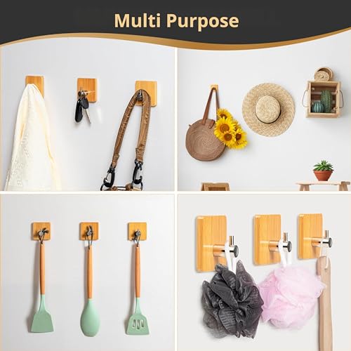 JIALTO 6 pcs Wooden Bathroom and Kitchen Hook, Self Adhesive Wall Hook - Essential Bathroom Accessories, Stylish Home Decor Items, Durable Kitchen Accessories Items (Square Black Wooden) - Image 2