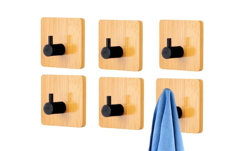 JIALTO 6 pcs Wooden Bathroom and Kitchen Hook, Self Adhesive Wall Hook - Essential Bathroom Accessories, Stylish Home Decor Items, Durable Kitchen Accessories Items (Square Black Wooden) - Image 3