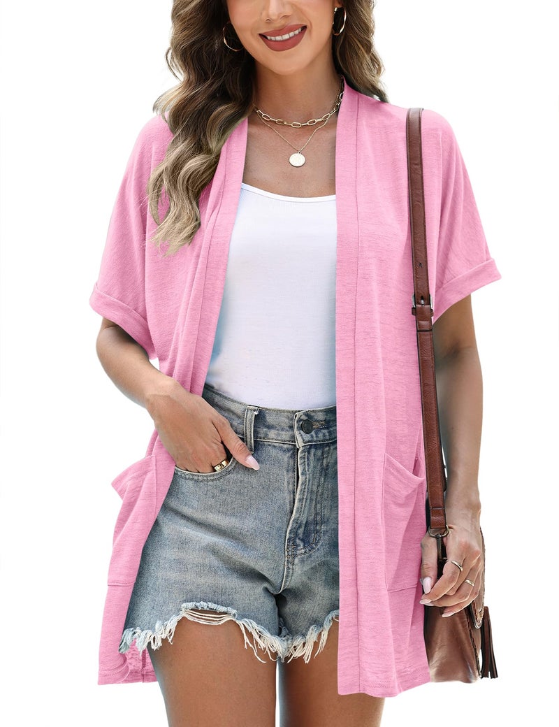 Micoson Women's Summer Lightweight Cardigan Plus Size Short Sleeve Open Front Soft Dusters with Pockets Light Pink XXL - Image 1