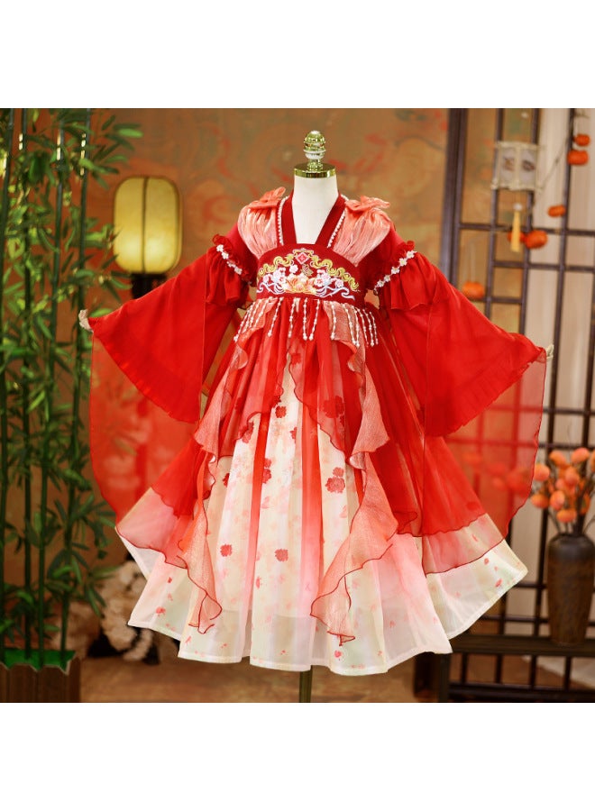 Chinese Style Red And Pink Gradient Girls' Improved Hanfu Dress, New Year's Greeting Outfit, Performance Costume, Children's Ancient Style Princess Hanfu