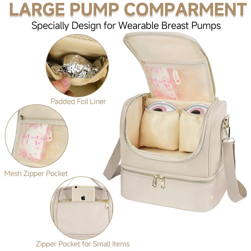 Jaffzora Wearable Pump Bag with Cooler Compartment Fits for Willow/Eufy/Elvie/Momcozy M5/S12 Pro/Medela, Breast Milk Travel Tote Bag with Ice Pack & Waterproof Mat,Apricot - Image 4
