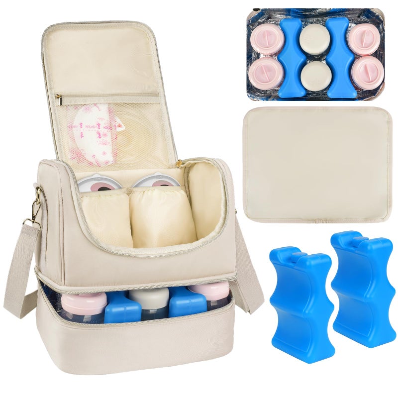 Jaffzora Wearable Pump Bag with Cooler Compartment Fits for Willow/Eufy/Elvie/Momcozy M5/S12 Pro/Medela, Breast Milk Travel Tote Bag with Ice Pack & Waterproof Mat,Apricot - Image 1