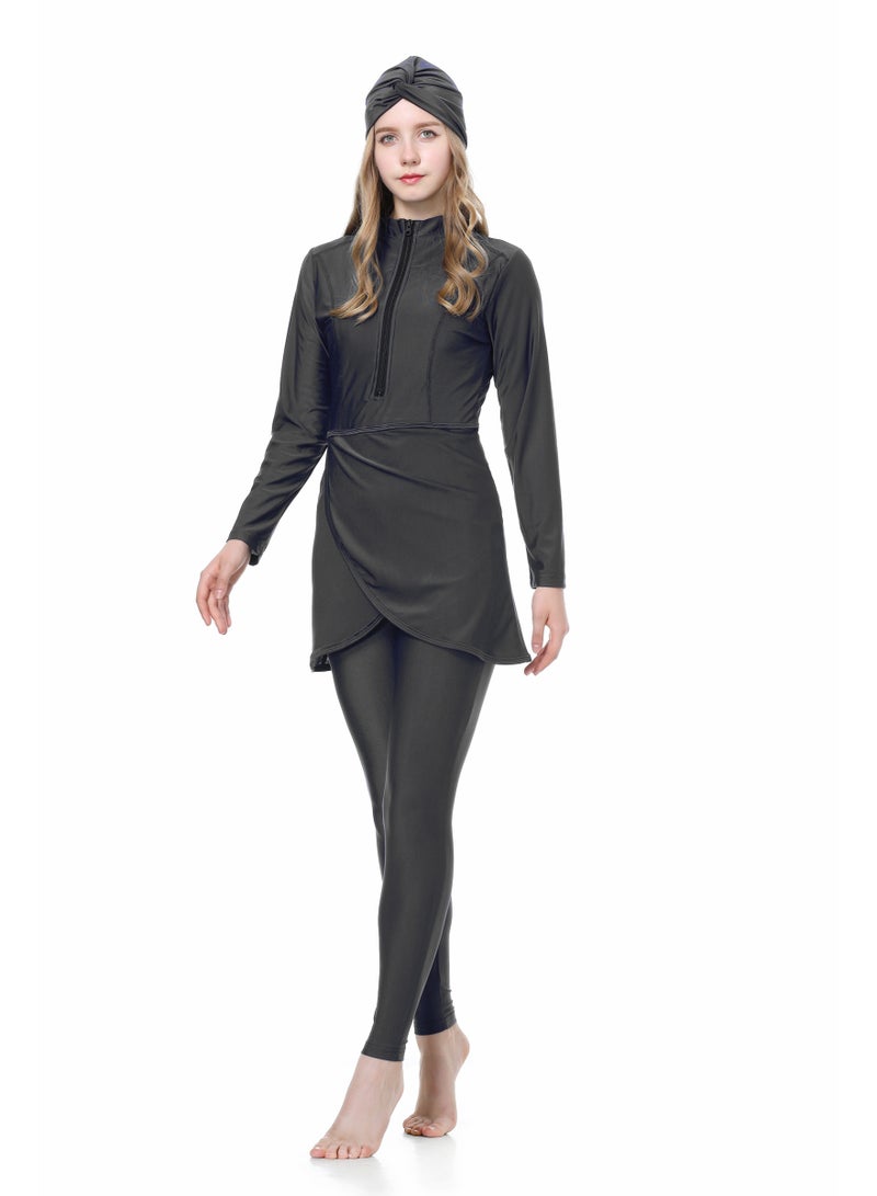 جوي شيك مجموعة سباحة محفزة لمرأة مسلمة من 3 قطع - بركيني مع أكمام طويلة وسلوار طويل للحماية من الشمس، ملابس سباحة محفزة مفاتيح للأشعة فوق البنفسجية للمرأة، قميص سباحة مرح ومريح مع وسادة حوضية مدمجة بداخله - Image 1