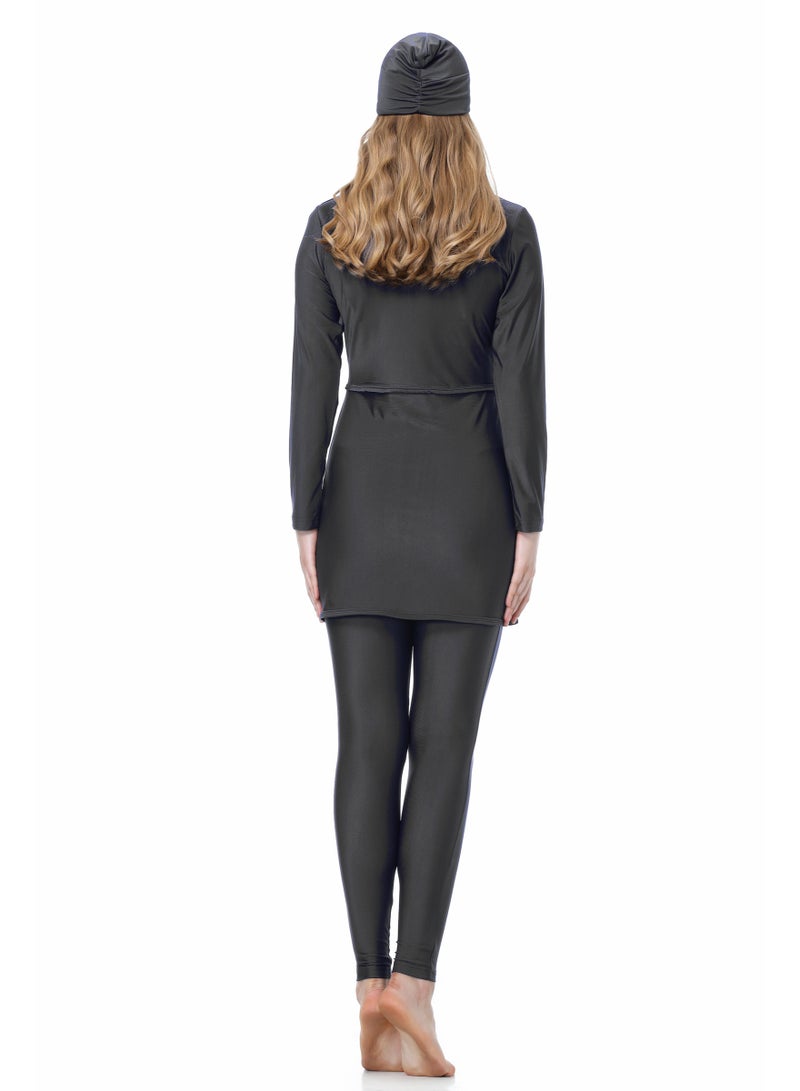 جوي شيك مجموعة سباحة محفزة لمرأة مسلمة من 3 قطع - بركيني مع أكمام طويلة وسلوار طويل للحماية من الشمس، ملابس سباحة محفزة مفاتيح للأشعة فوق البنفسجية للمرأة، قميص سباحة مرح ومريح مع وسادة حوضية مدمجة بداخله - Image 2