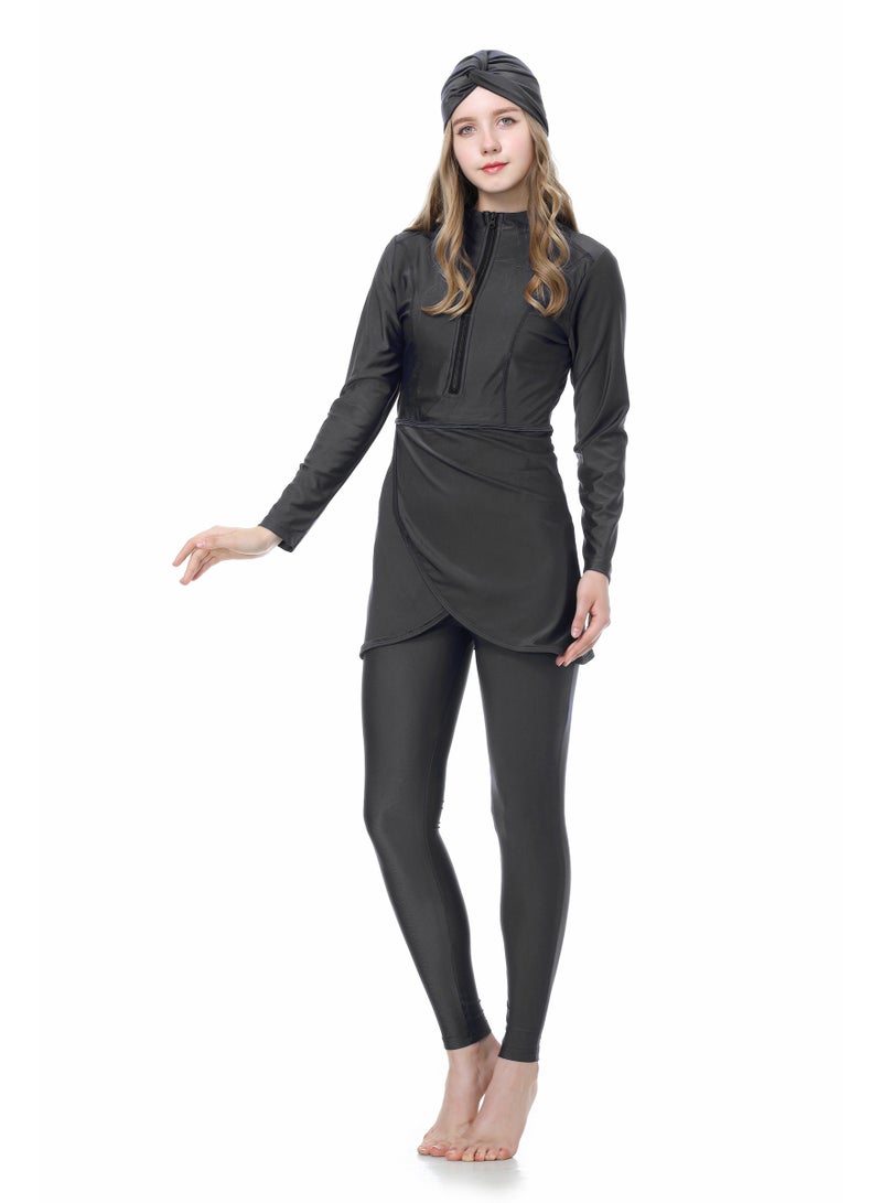 جوي شيك مجموعة سباحة محفزة لمرأة مسلمة من 3 قطع - بركيني مع أكمام طويلة وسلوار طويل للحماية من الشمس، ملابس سباحة محفزة مفاتيح للأشعة فوق البنفسجية للمرأة، قميص سباحة مرح ومريح مع وسادة حوضية مدمجة بداخله - Image 3