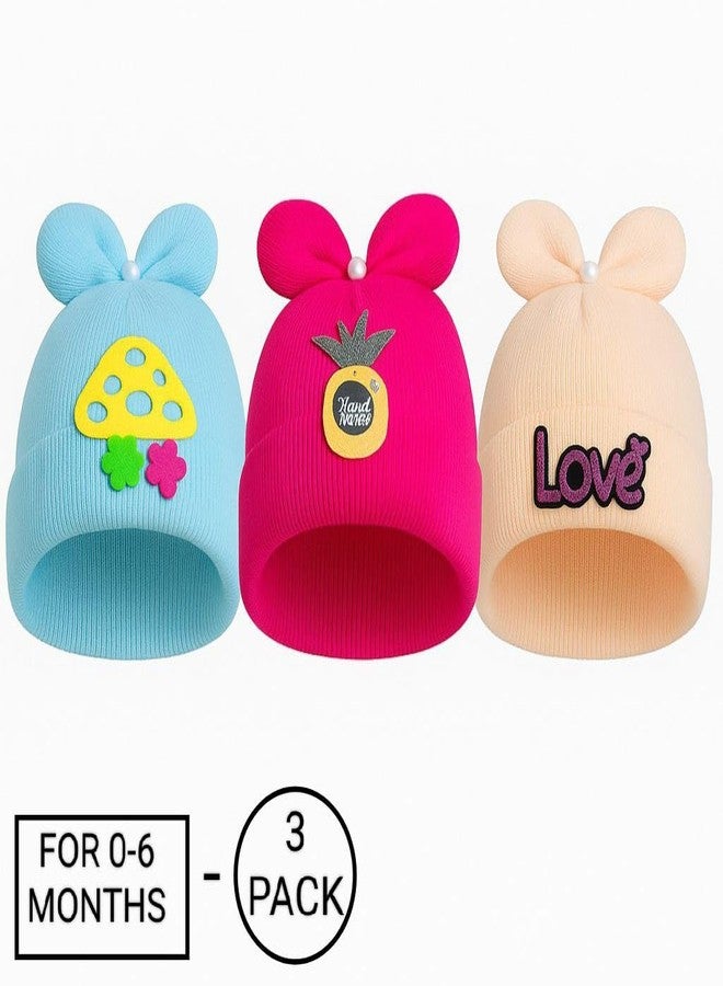 FASHFLOW Newborn Baby Cap Set for 0-6 Months | 3 Pack Soft Cotton Wool Blend Beanie Hats| Cute Warm Winter Caps for Infants, Boys & Girls Multicolour - Image 2