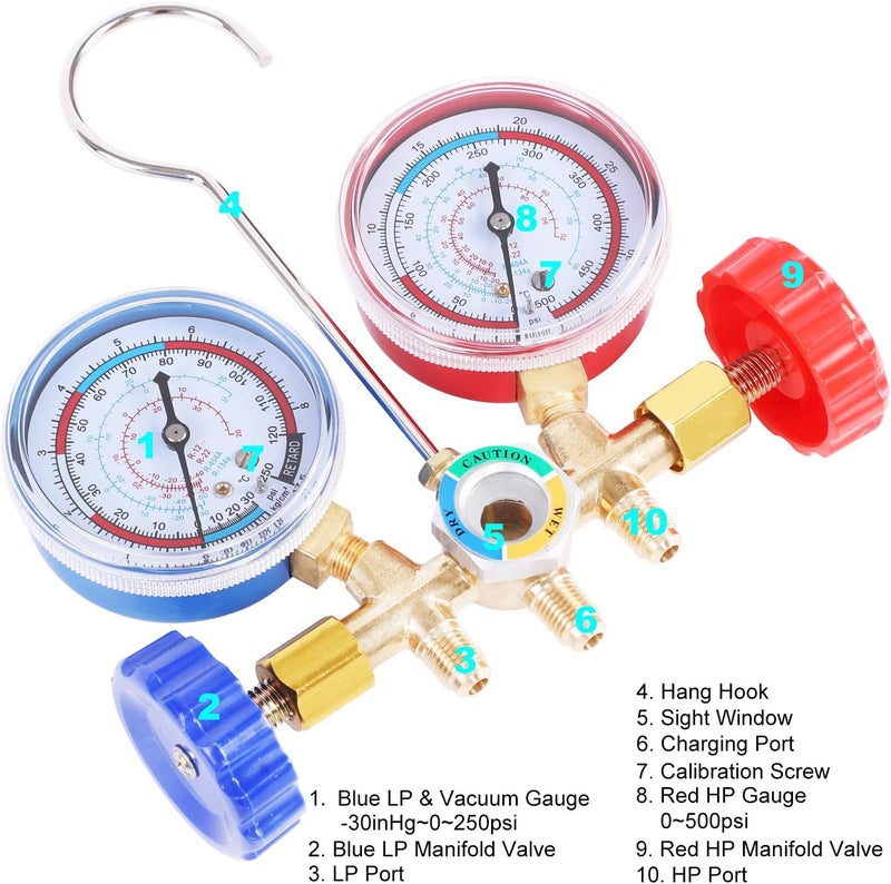 JIFETOR 3 Way AC Manifold Gauge Set with 5FT Hose and Quick Couplers - Image 3