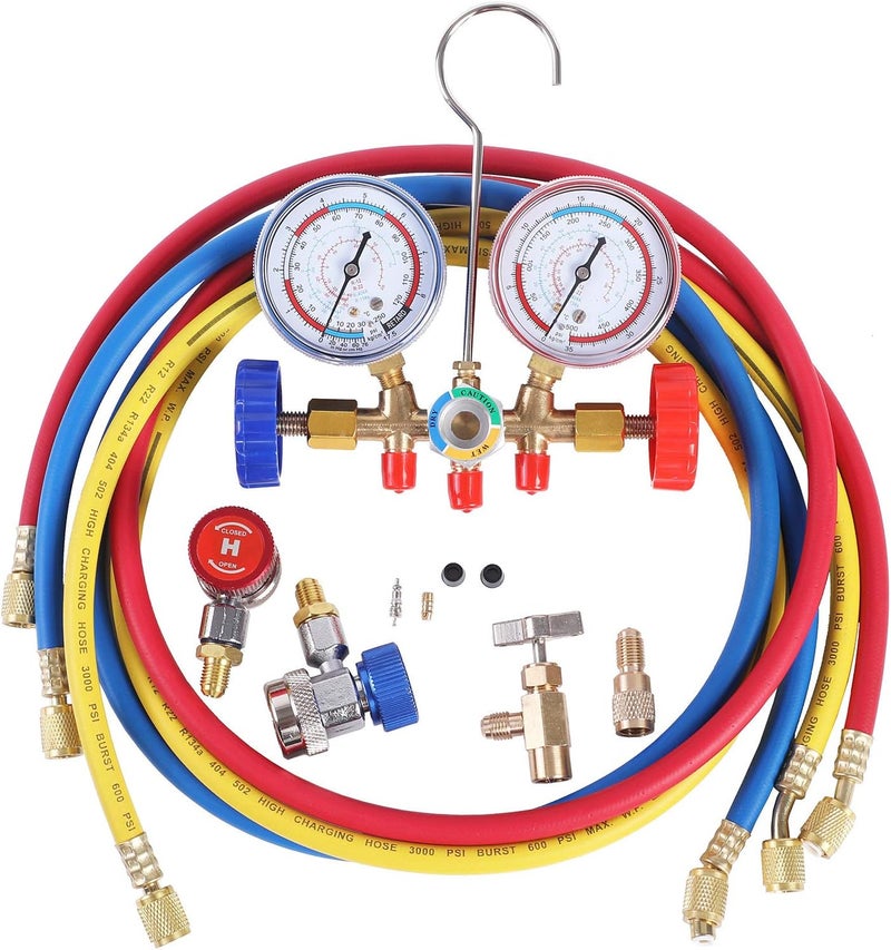 JIFETOR 3 Way AC Manifold Gauge Set with 5FT Hose and Quick Couplers - Image 1