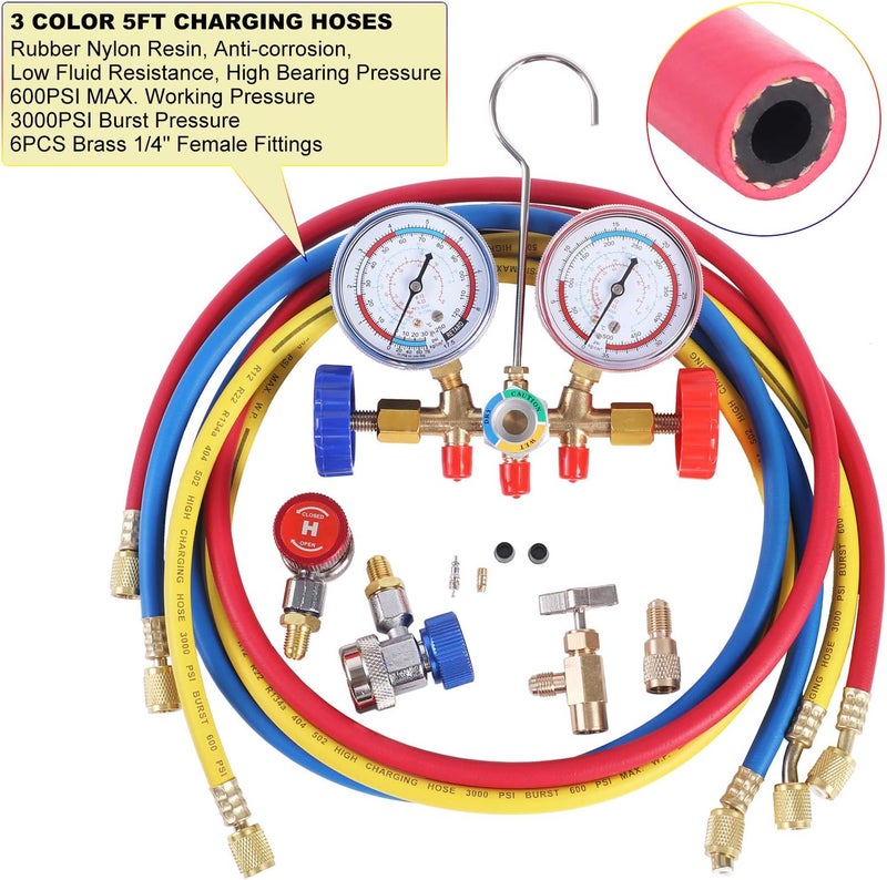 JIFETOR 3 Way AC Manifold Gauge Set with 5FT Hose and Quick Couplers - Image 5