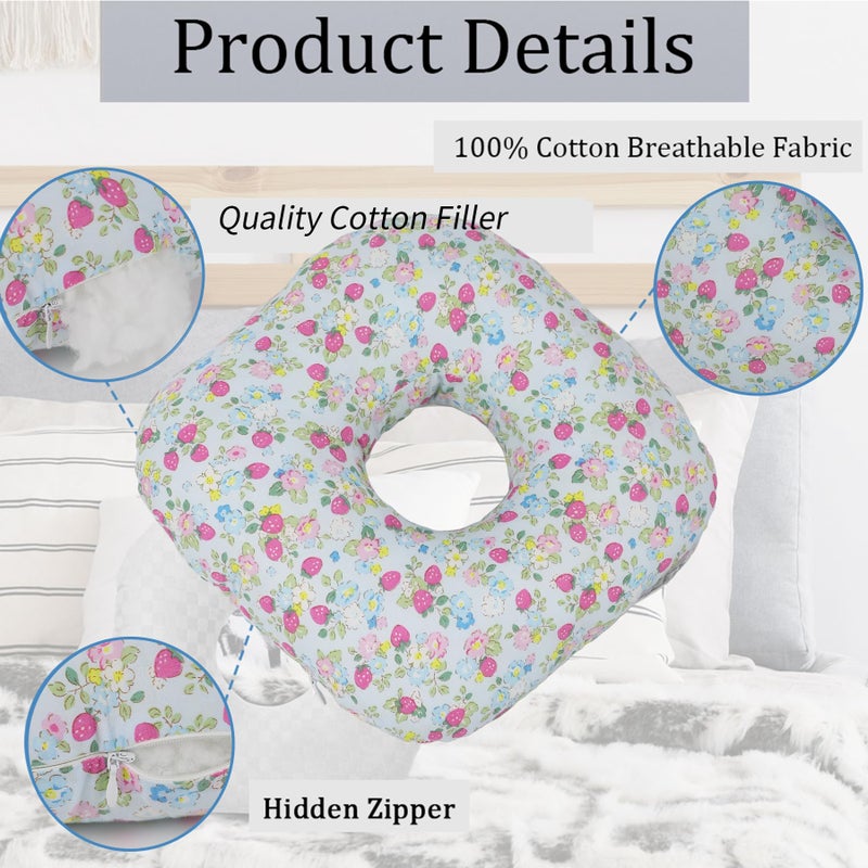 Wuronsa Ear Piercing Pillow for Side Sleepers, Pillow with an Ear Hole for CNH and Ear Pain Ear Inflammation Pressure Sores, O-Shaped Side Sleeping Pillow, Ear Guard Pillow (Blue Strawberry) - Image 3
