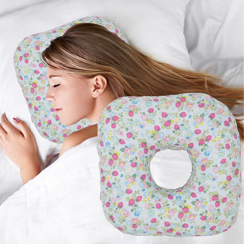 Wuronsa Ear Piercing Pillow for Side Sleepers, Pillow with an Ear Hole for CNH and Ear Pain Ear Inflammation Pressure Sores, O-Shaped Side Sleeping Pillow, Ear Guard Pillow (Blue Strawberry) - Image 1