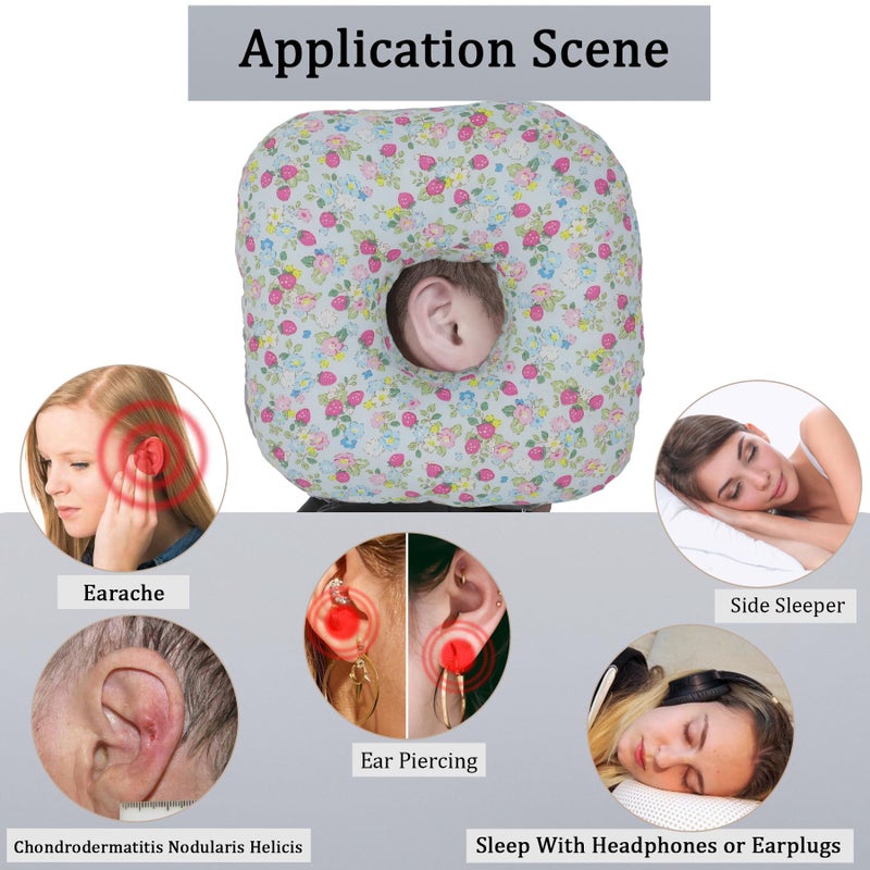 Wuronsa Ear Piercing Pillow for Side Sleepers, Pillow with an Ear Hole for CNH and Ear Pain Ear Inflammation Pressure Sores, O-Shaped Side Sleeping Pillow, Ear Guard Pillow (Blue Strawberry) - Image 2