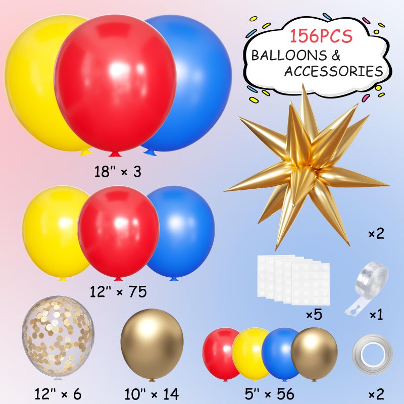 MEBAY Blue Yellow Red and Gold Balloon Arch Kit, 156Pcs Latex Baloons Garland with 4D Star Balloons for Baby Shower Anniversary Birthday Wedding Graduation Office Party - Image 2