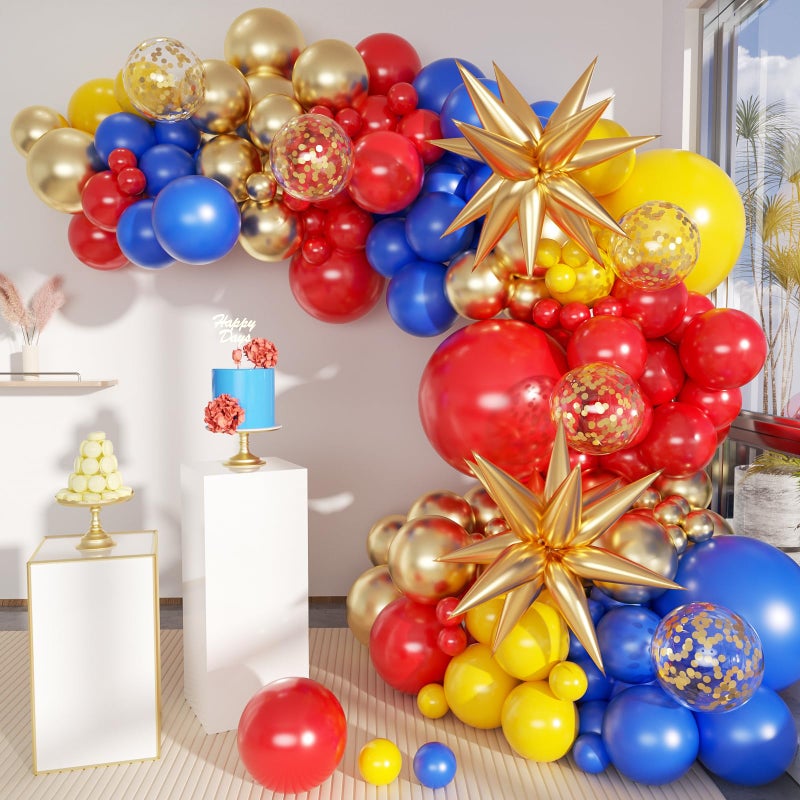 MEBAY Blue Yellow Red and Gold Balloon Arch Kit, 156Pcs Latex Baloons Garland with 4D Star Balloons for Baby Shower Anniversary Birthday Wedding Graduation Office Party - Image 1